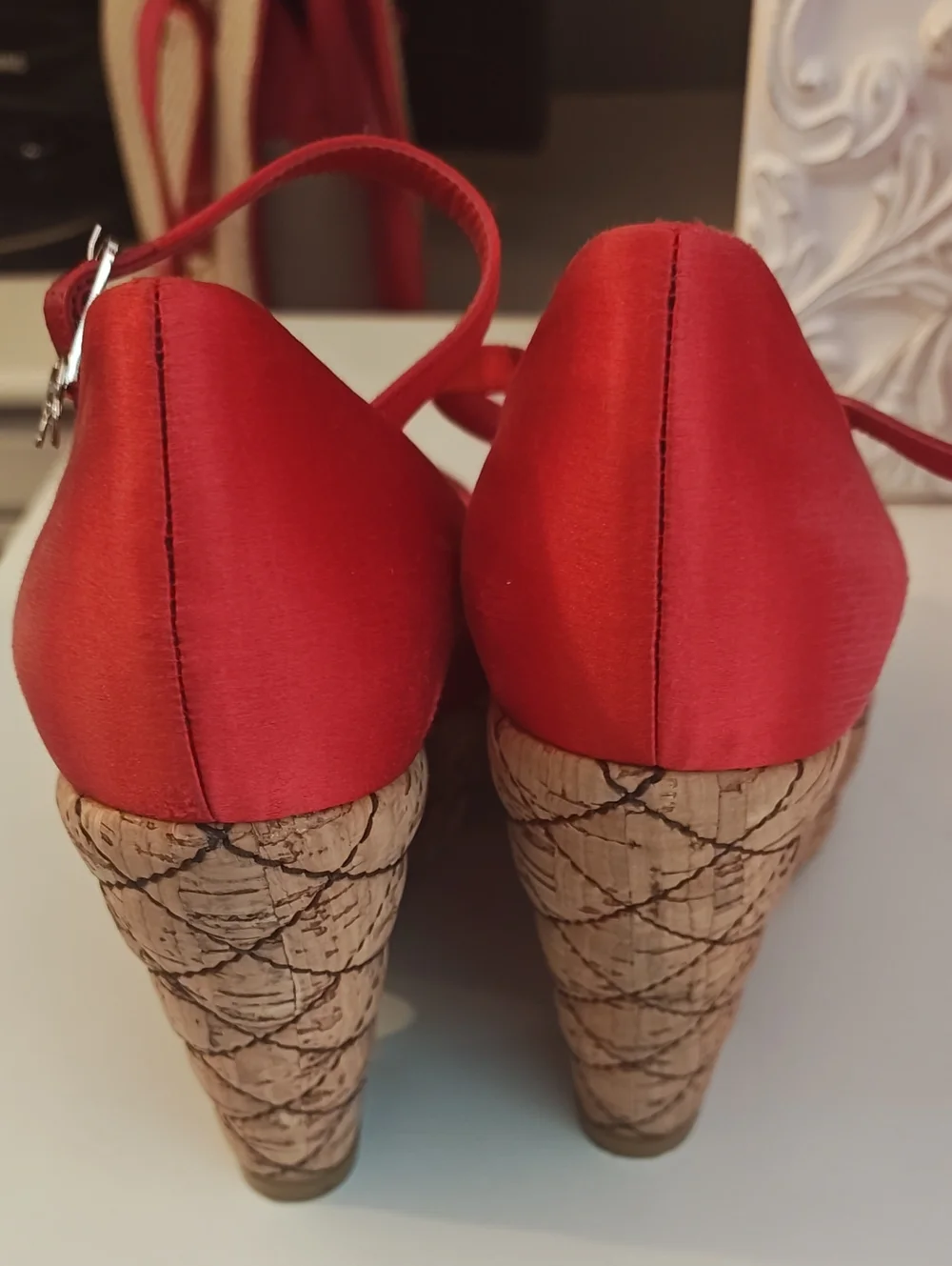 ​CHANEL Vintage Red Silk Quilted Cork Wedge Platform Sandals Size 6.5